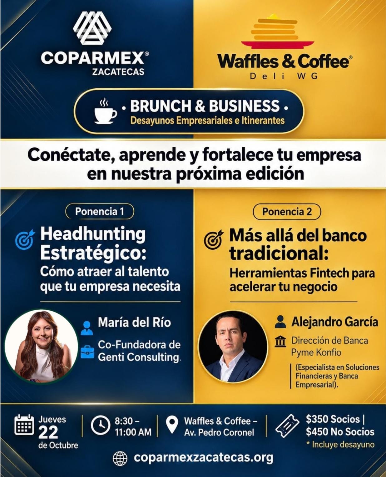 Flyer promocional Brunch and Business Coparmex Zacatecas en Waffles and Coffee
