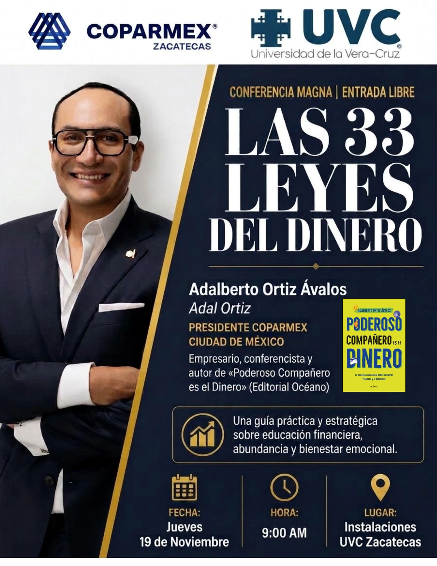 Poster del evento Las 33 Leyes del Dinero con Adal Ortiz en UVC Zacatecas organizado por COPARMEX Zacatecas.