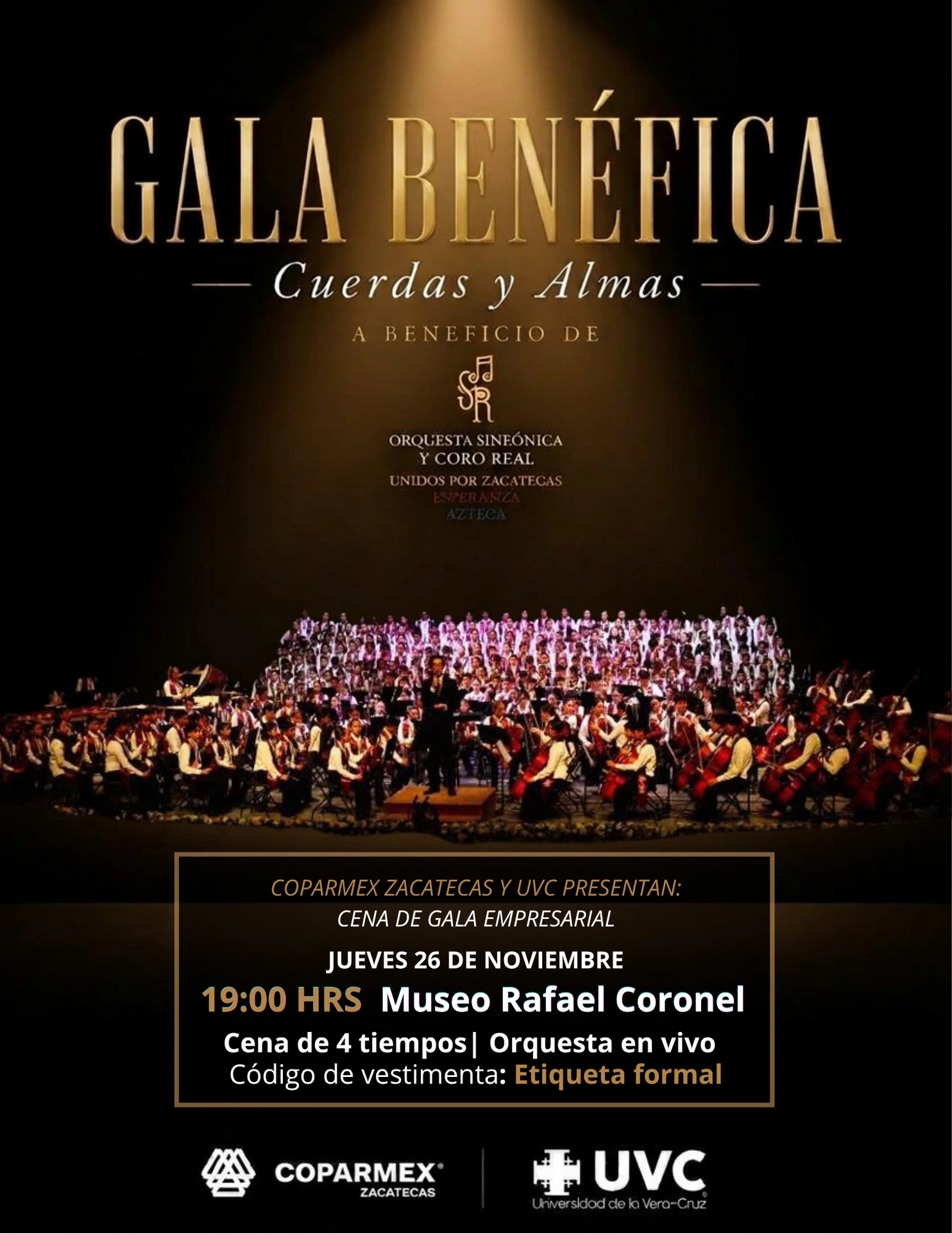 Flyer oficial de la Gala Benefica Cuerdas y Almas de Coparmex Zacatecas con la Orquesta Esperanza Azteca
